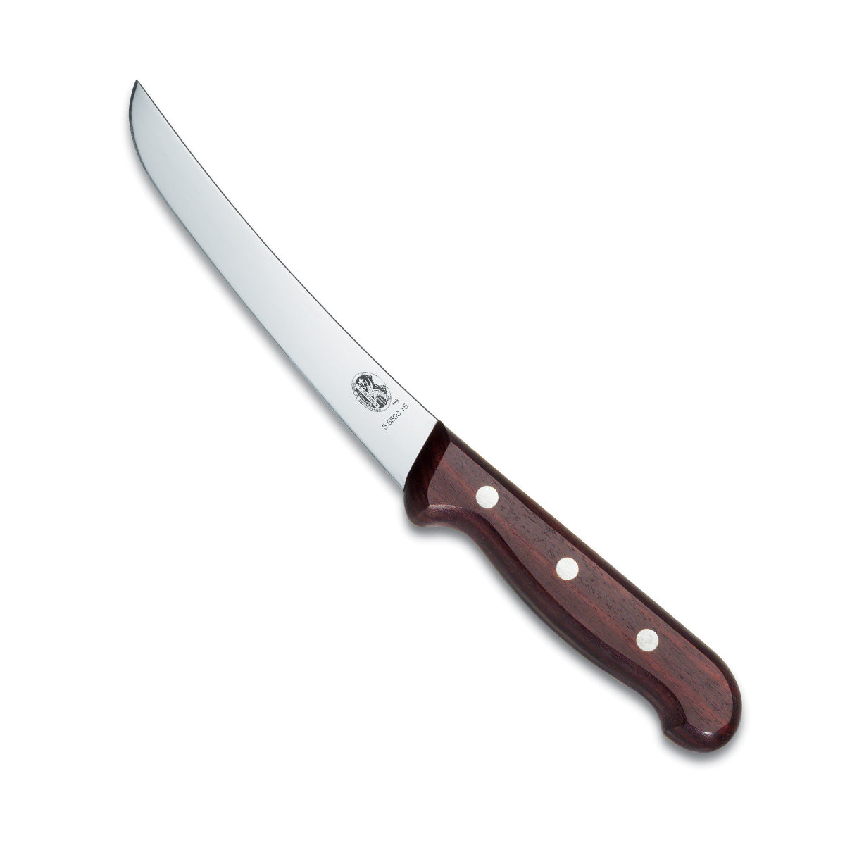 Victorinox Boning Knife, 15cm Curved Wide Blade, Rosewood Handle with a polished steel curved blade and dark reddish-brown wooden handle.