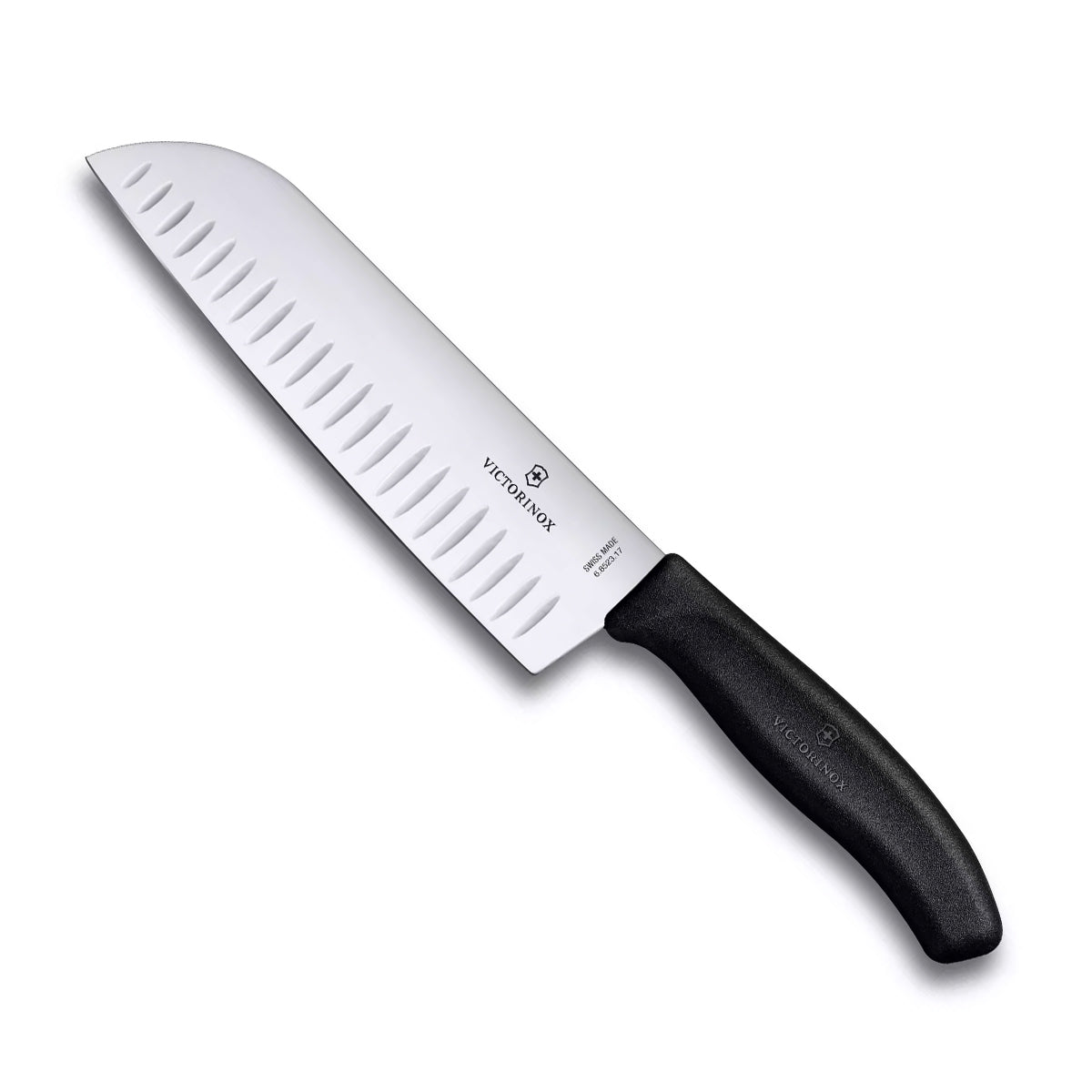 Victorinox Santoku Knife 17cm Fluted Classic - Black with a wide silver fluted blade and ergonomic black handle