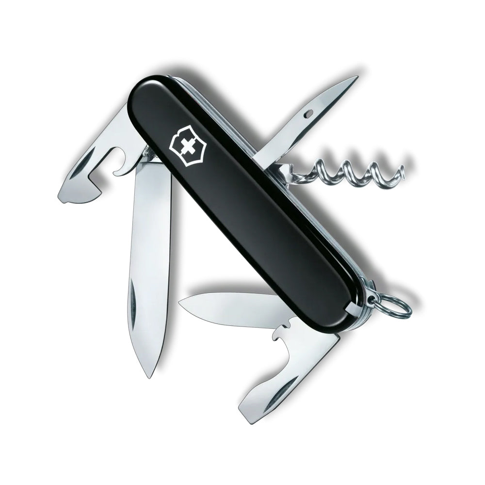 Victorinox Swiss Army Knife with black scales, a white shield emblem and multiple polished steel tools unfolded