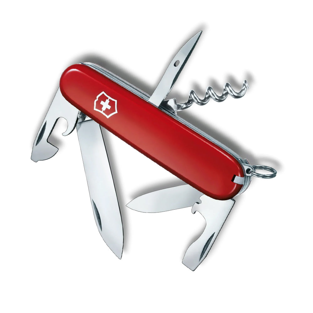Victorinox Swiss Army Knife with a glossy red handle and silver multi-tools, including blades, corkscrew and openers