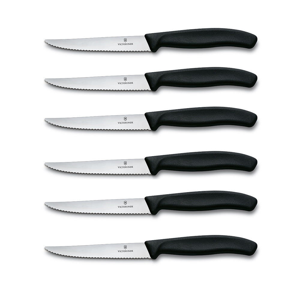 Victorinox Swiss Classic Steak Knife Set, 6 pieces with stainless steel wavy-edge blades and black ergonomic handles