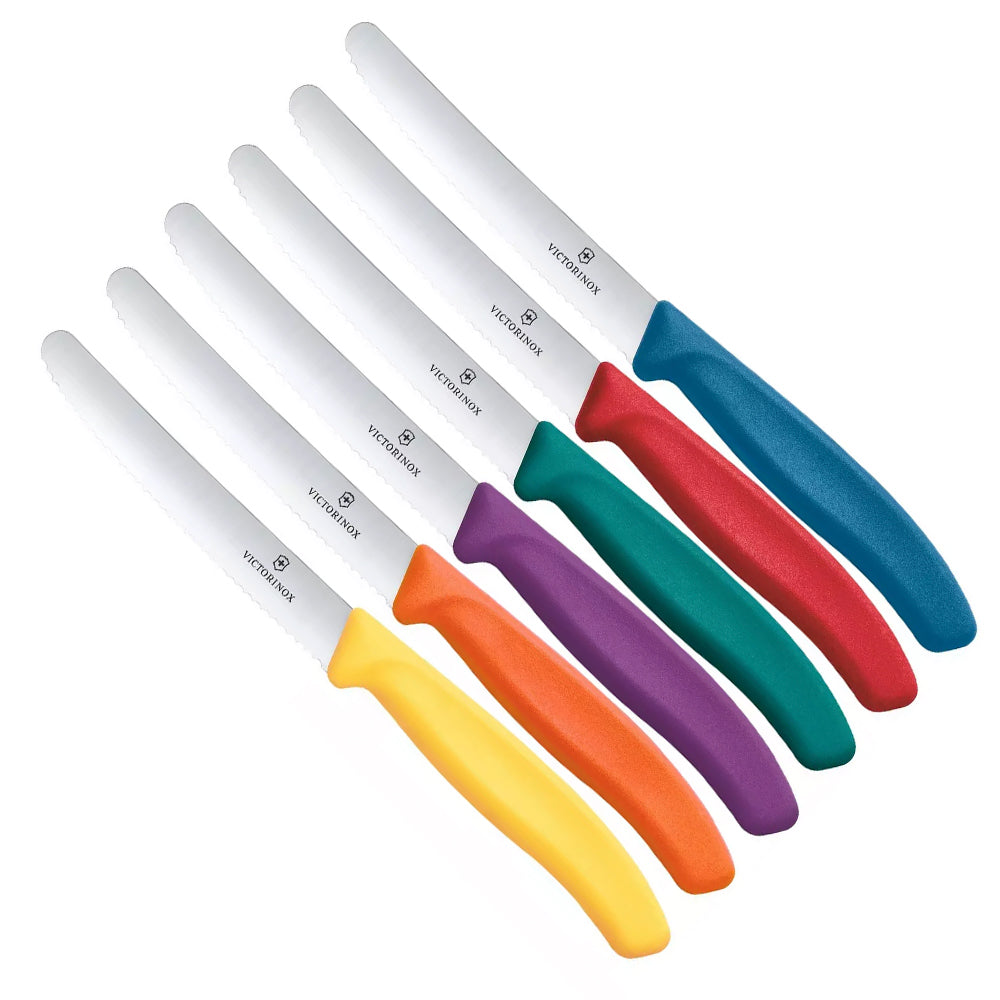 Victorinox Swiss Classic Tomato/ Table Knives - 6 piece with stainless steel wavy blades and colorful ergonomic handles