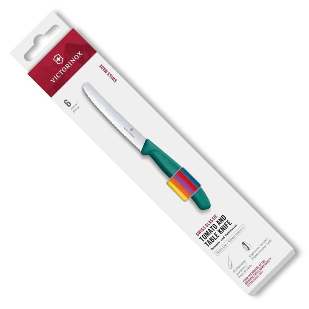 Victorinox Swiss Classic Tomato/ Table Knives - 6 piece, showing a serrated stainless steel blade and green handle with bright multicoloured accents.