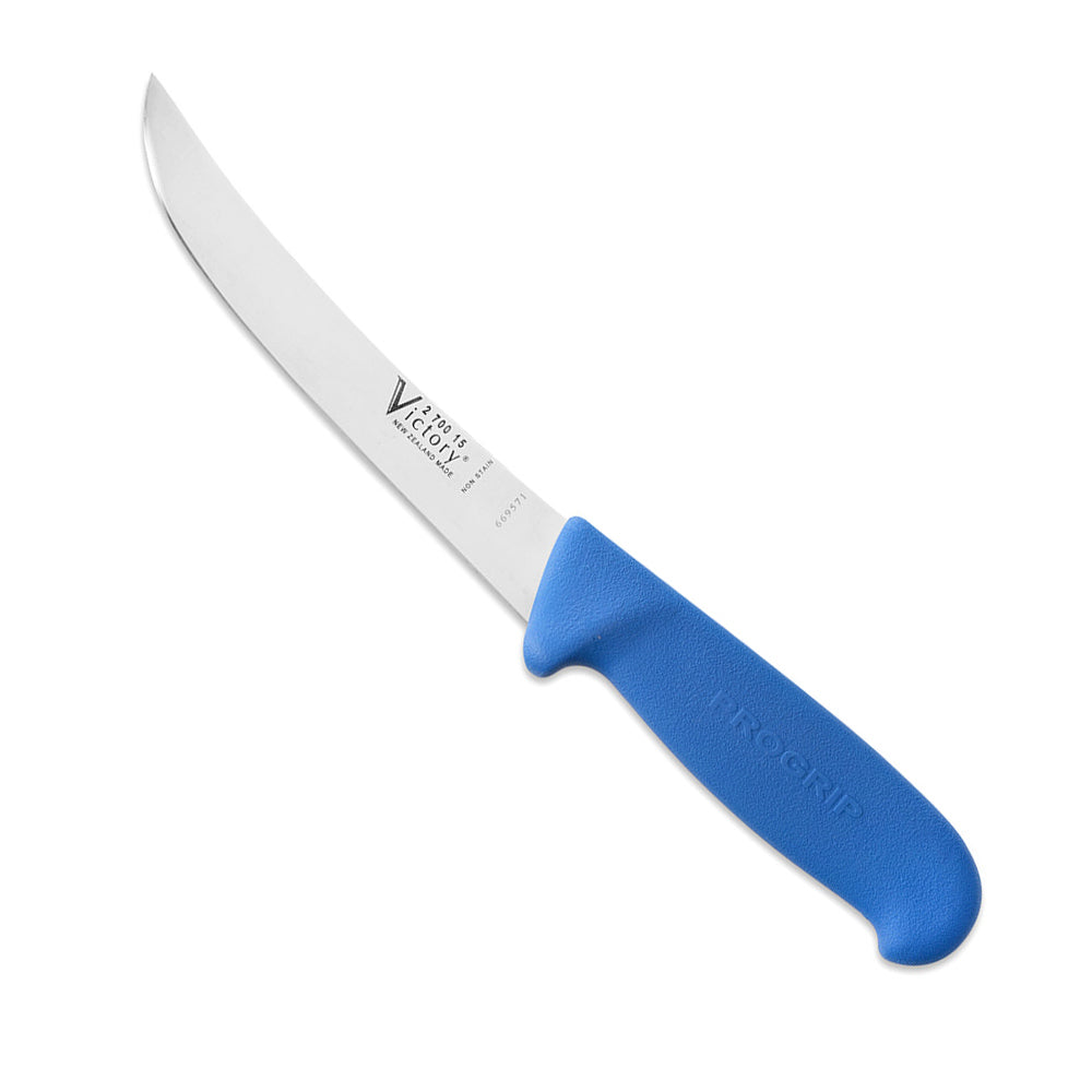 Victory 15cm Curved Boning Knife - Black Handle with a polished curved steel blade and bright blue textured handle.