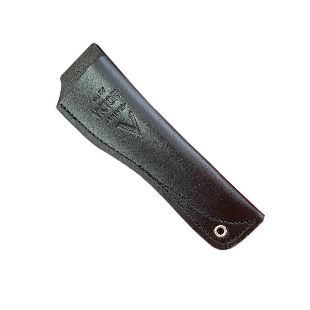 Victory Utility Knife Leather Sheath - 10cm in dark brown leather with stitched edges, embossed logo and metal eyelet
