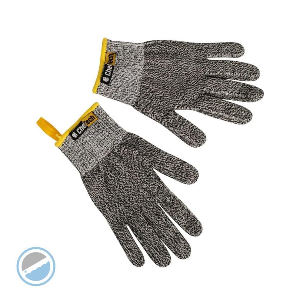 Cheftech Fibre Knit Cut Resist Gloves - Pair in grey and black knitted fibres with yellow cuffs and hanging loops