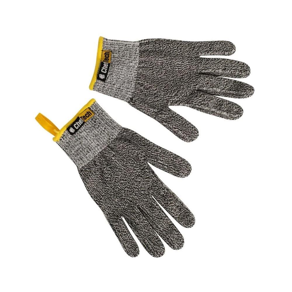 Cheftech Fibre Knit Cut Resist Gloves - Pair, marled grey and black knit gloves with light grey cuffs and yellow trim.