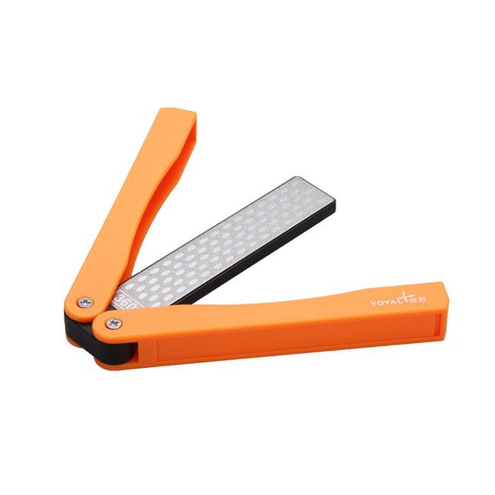 Diamond Folding Knife Sharpener 360G/600G Yoyal with an orange folding handle and a double-sided grey diamond sharpening plate.
