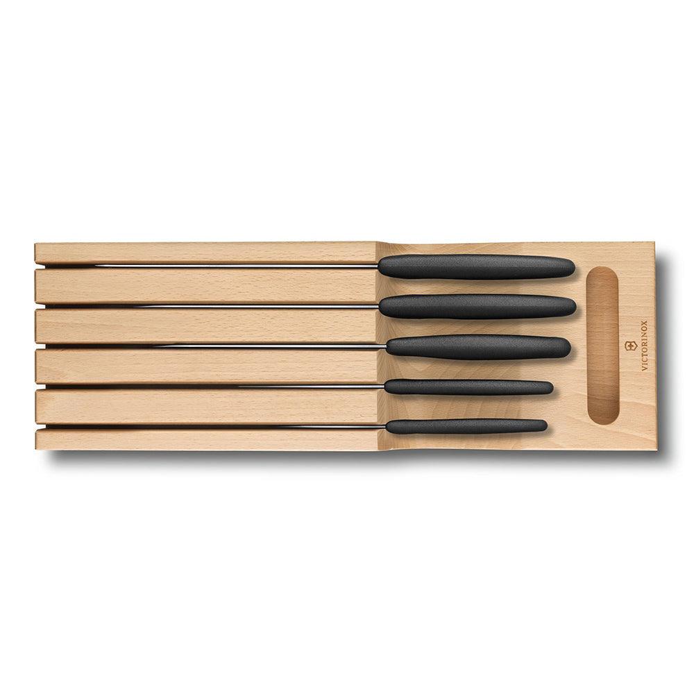 -Drawer Knife Holder, 5 pieces with five black-handled knives arranged in a light beechwood in-drawer holder