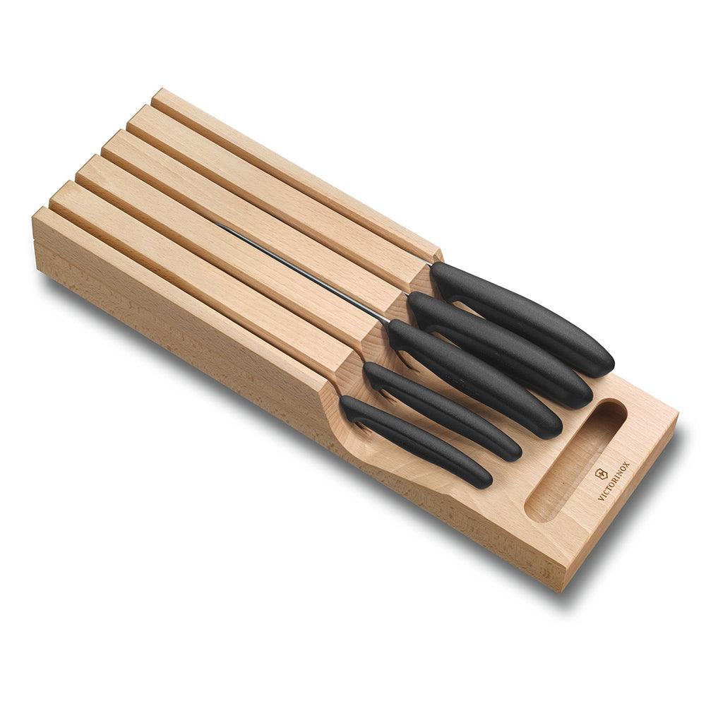 Beechwood in-drawer knife holder with five black-handled knives in angled slots, -Drawer Knife Holder, 5 pieces