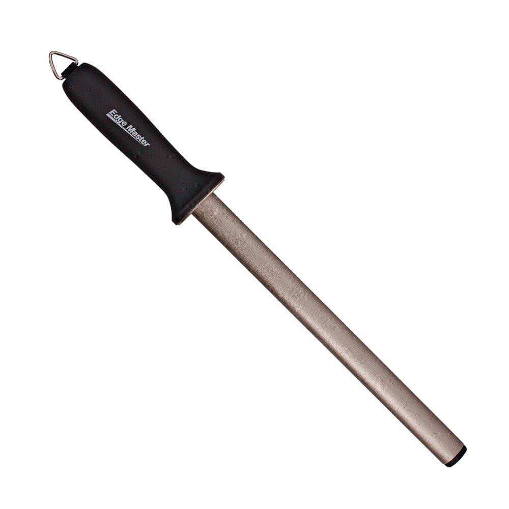 Edge Master Diamond Steel with a long oval grey abrasive rod and ergonomic black handle with hanging loop.
