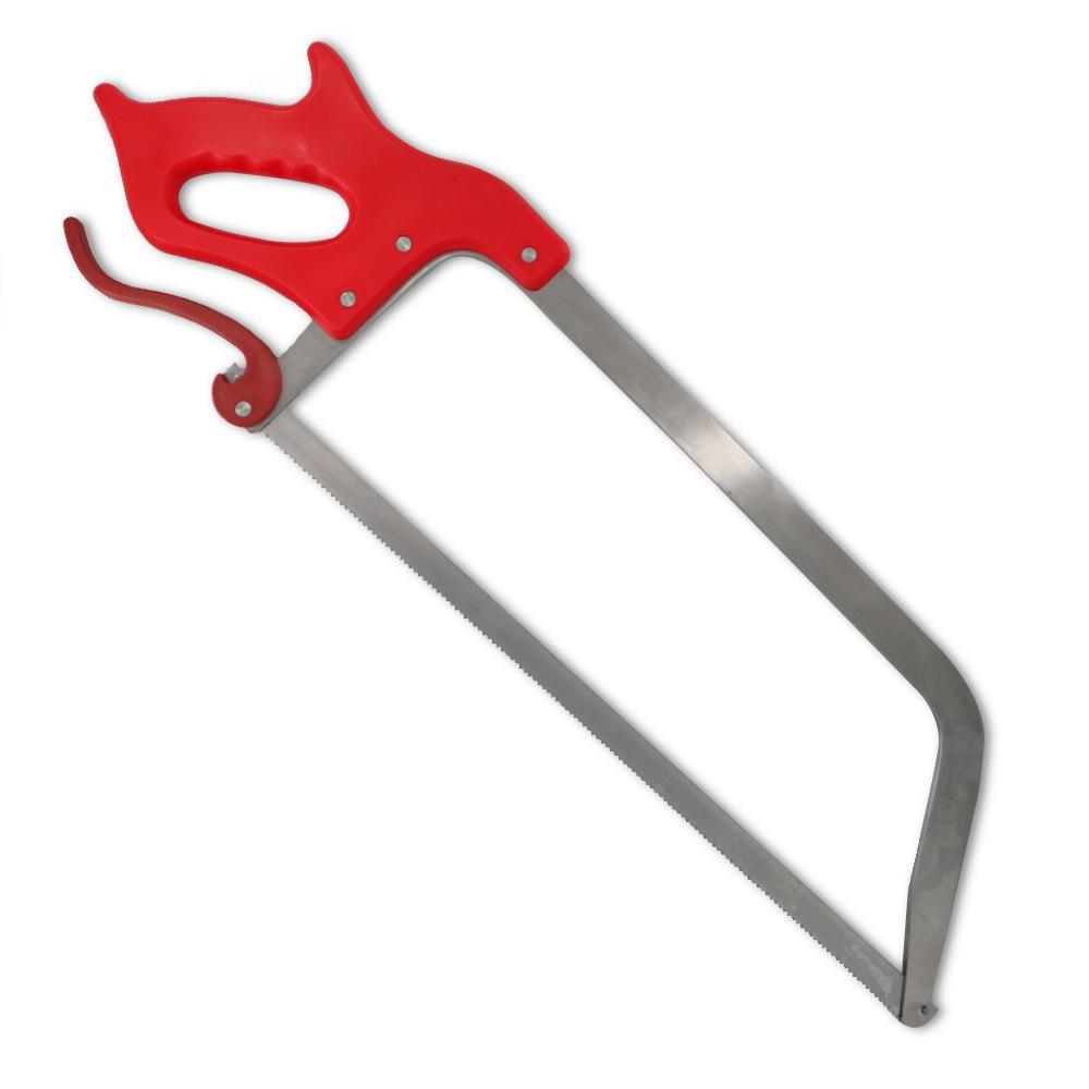 Egginton Butchers Bowsaw - 20 inch with a red polypropylene handle, stainless steel frame, and taut straight blade.