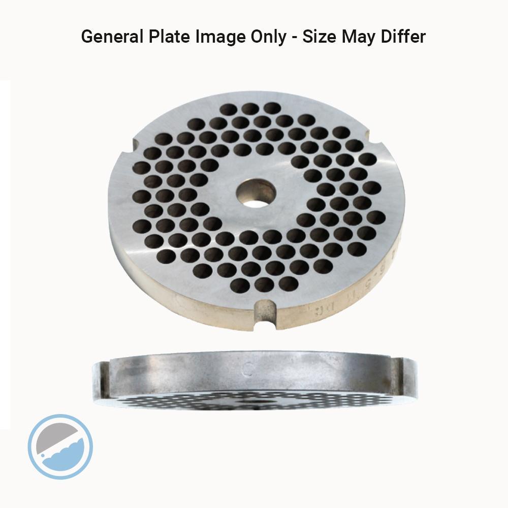Kasco Double-Cut Mincer Plate - Size 52, 5mm, a round silver metal plate with evenly spaced holes and edge notches