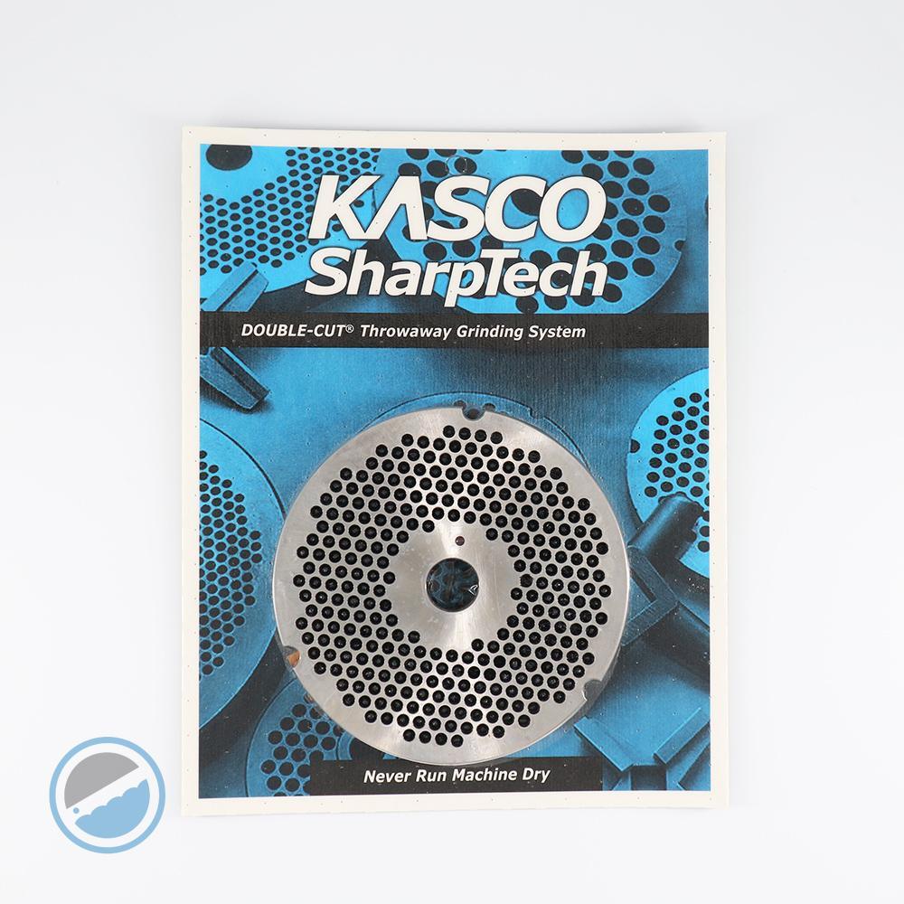 Kasco Double-Cut Mincer Plate - Size 52, 5mm, a round silver metal plate with evenly spaced holes and a central opening