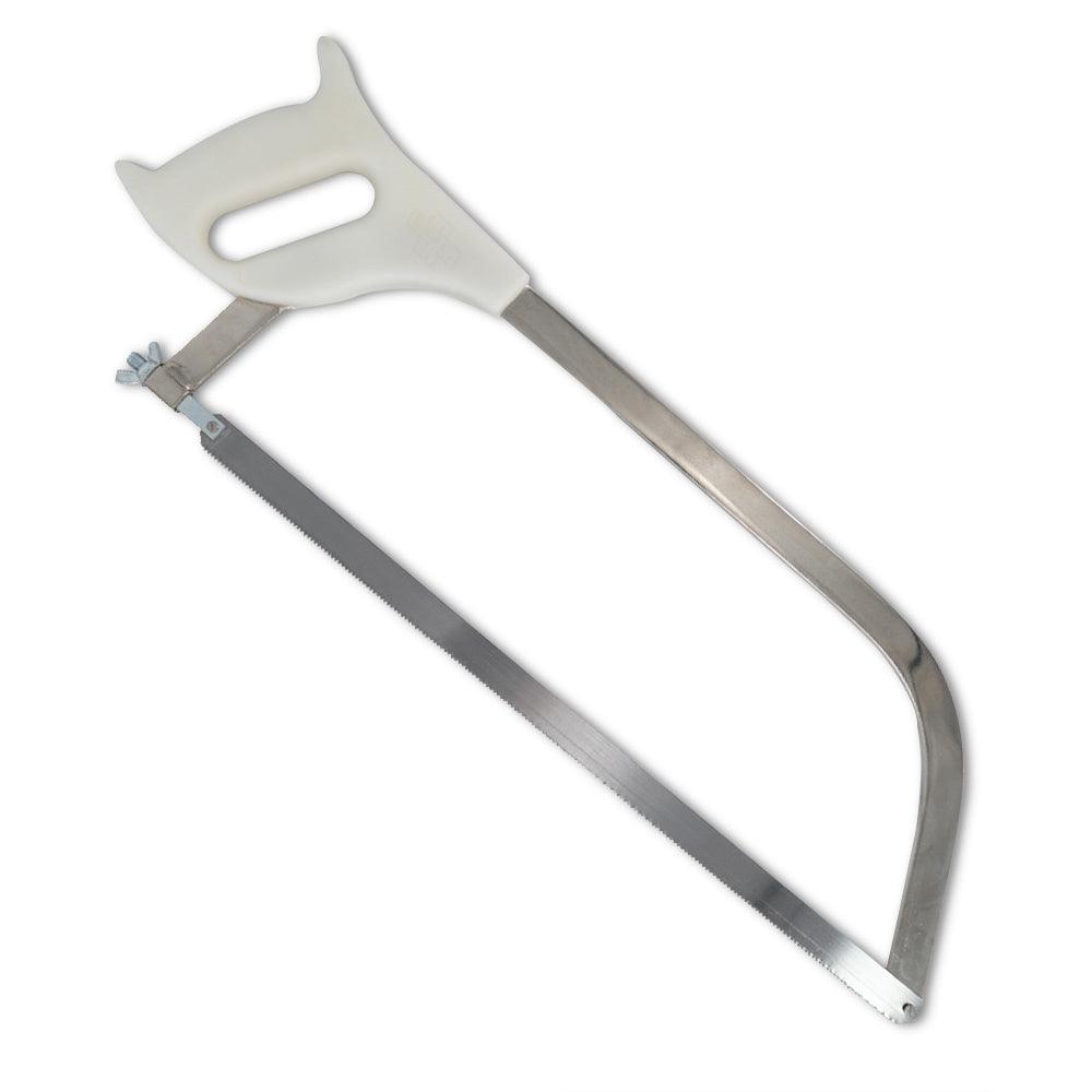 Lasher Butcher saw with a silver metal frame, long serrated blade and white ergonomic handle with an oval grip