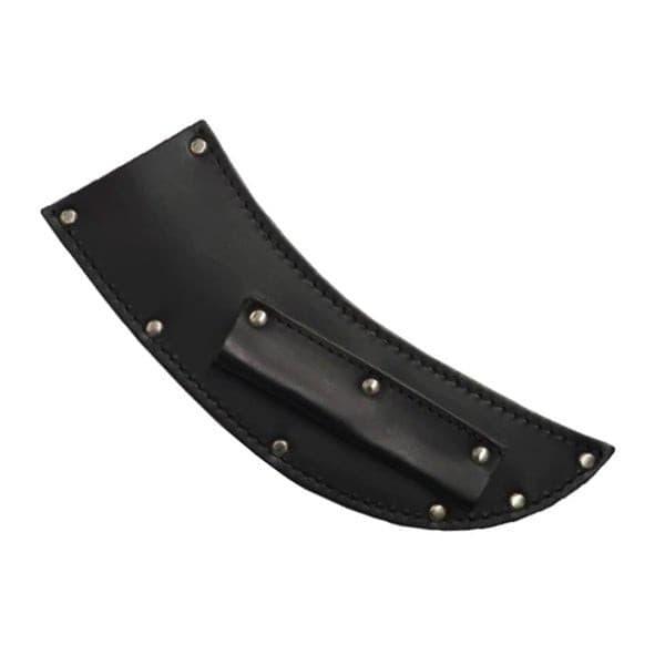 Black leather knife sheath with stitched edges, metal rivets, and a raised steel pocket; Leather Sheath - Skinning Knives - Taurus.