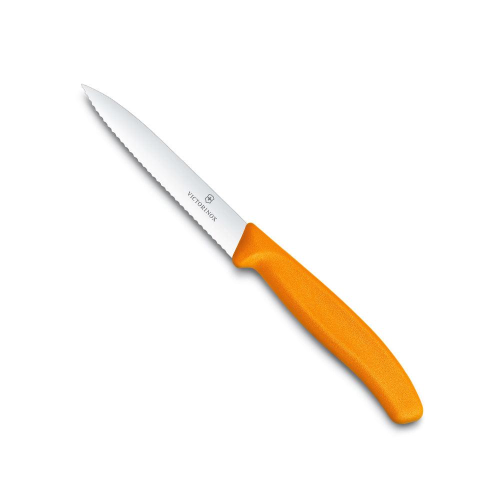 Paring Knife - Victorinox - 10cm with a silver serrated stainless steel blade and bright orange ergonomic handle