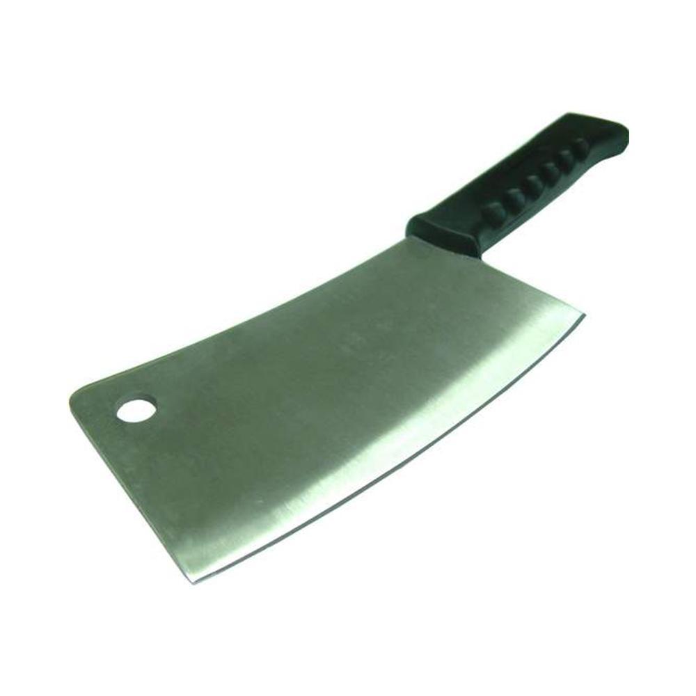Meat cleaver with a broad polished silver blade, hanging hole and black textured Poly Handle - 200mm