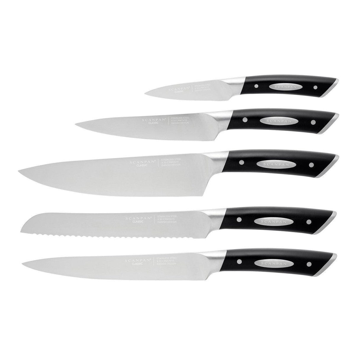 Scanpan 6 Piece Knife Block Set with five silver stainless steel blades and black ergonomic handles, including a serrated bread knife