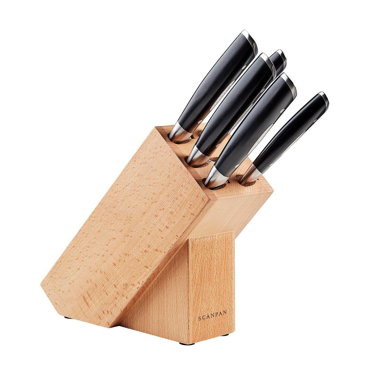 Scanpan 6 Piece Knife Block Set with a light timber block holding four visible knives with black handles and steel blades
