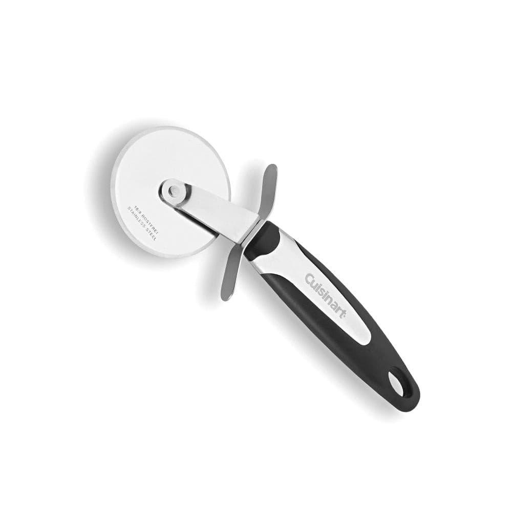 Pizza cutter with a stainless steel wheel and black nonslip grip, Soft Touch Pizza Cutter - Stainless Steel - Cuisinart.