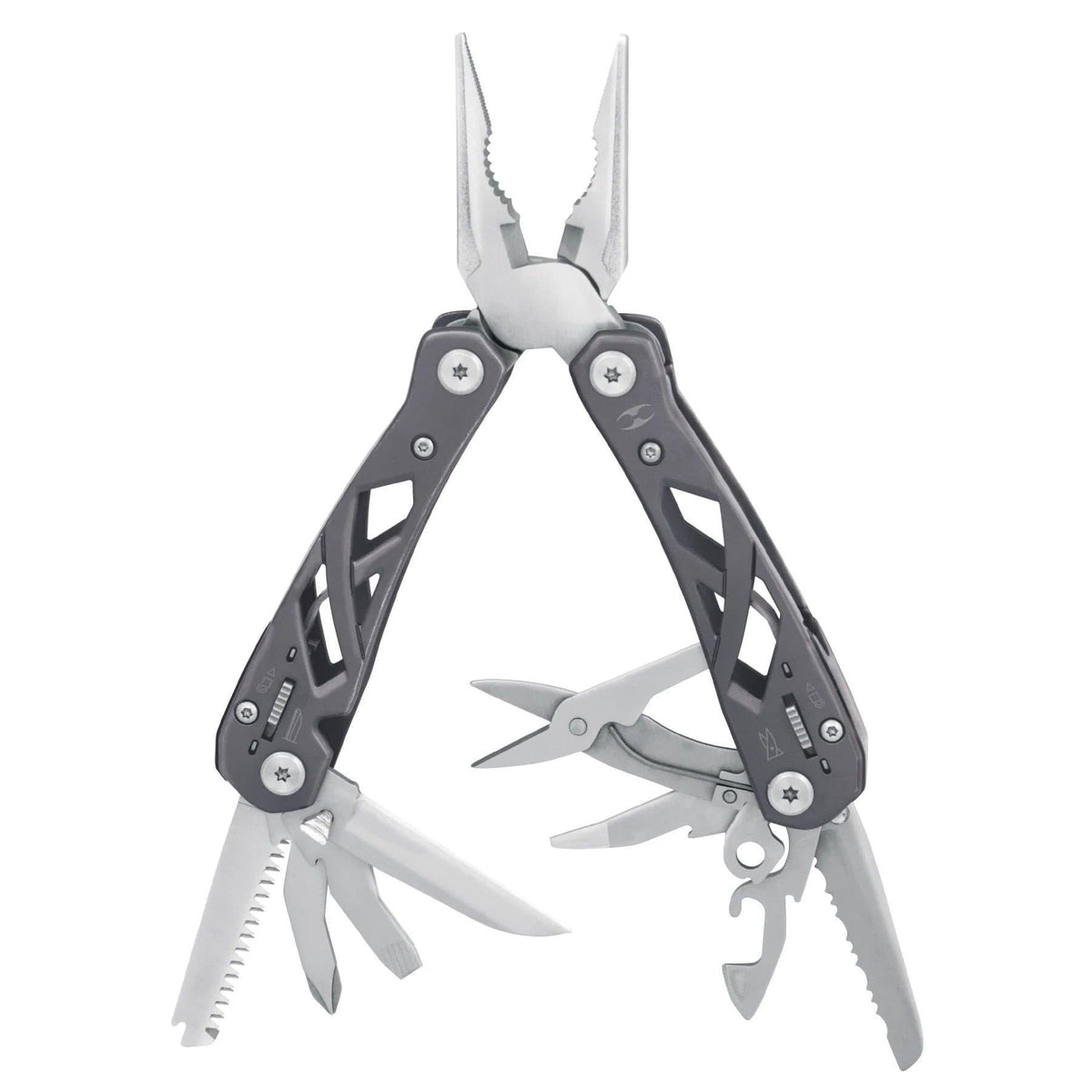 Stainless Steel Multi-Tool 14-Function - Truper with silver pliers, dark metal handles and multiple folding tools