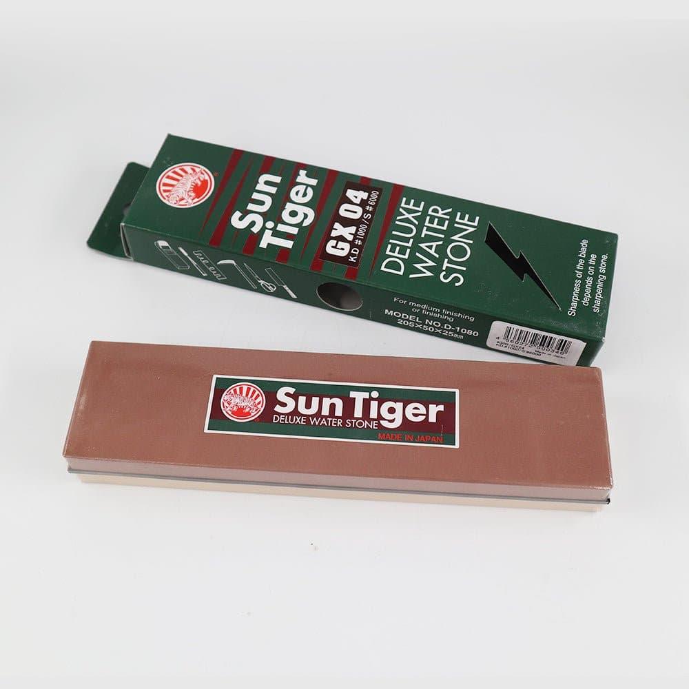 Sun Tiger - Bench Stone Water Combination 1000Grit/6000Grit, rectangular reddish-brown sharpening stone with green branded box