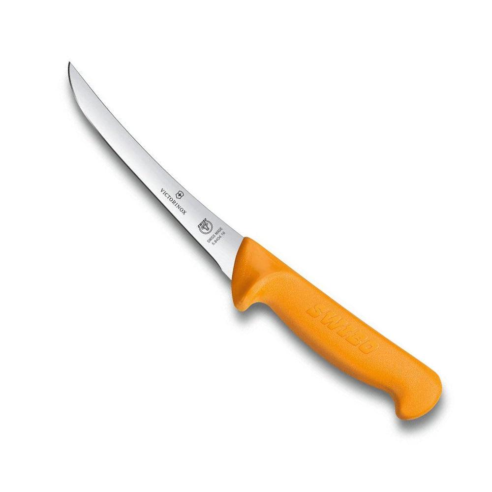 Swibo Boning Knife - Curved, narrow, semi-flexi blade, 16cm with a slim silver steel blade and bright orange handle.