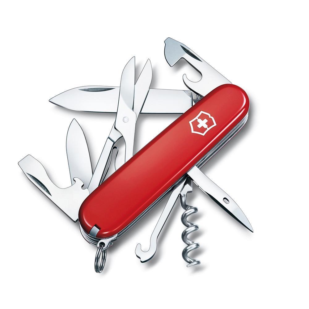 Swiss Army Knife - Pocket Knife Climber Red (14 Function) Victorinox, red plastic pocket knife with silver tools and scissors.