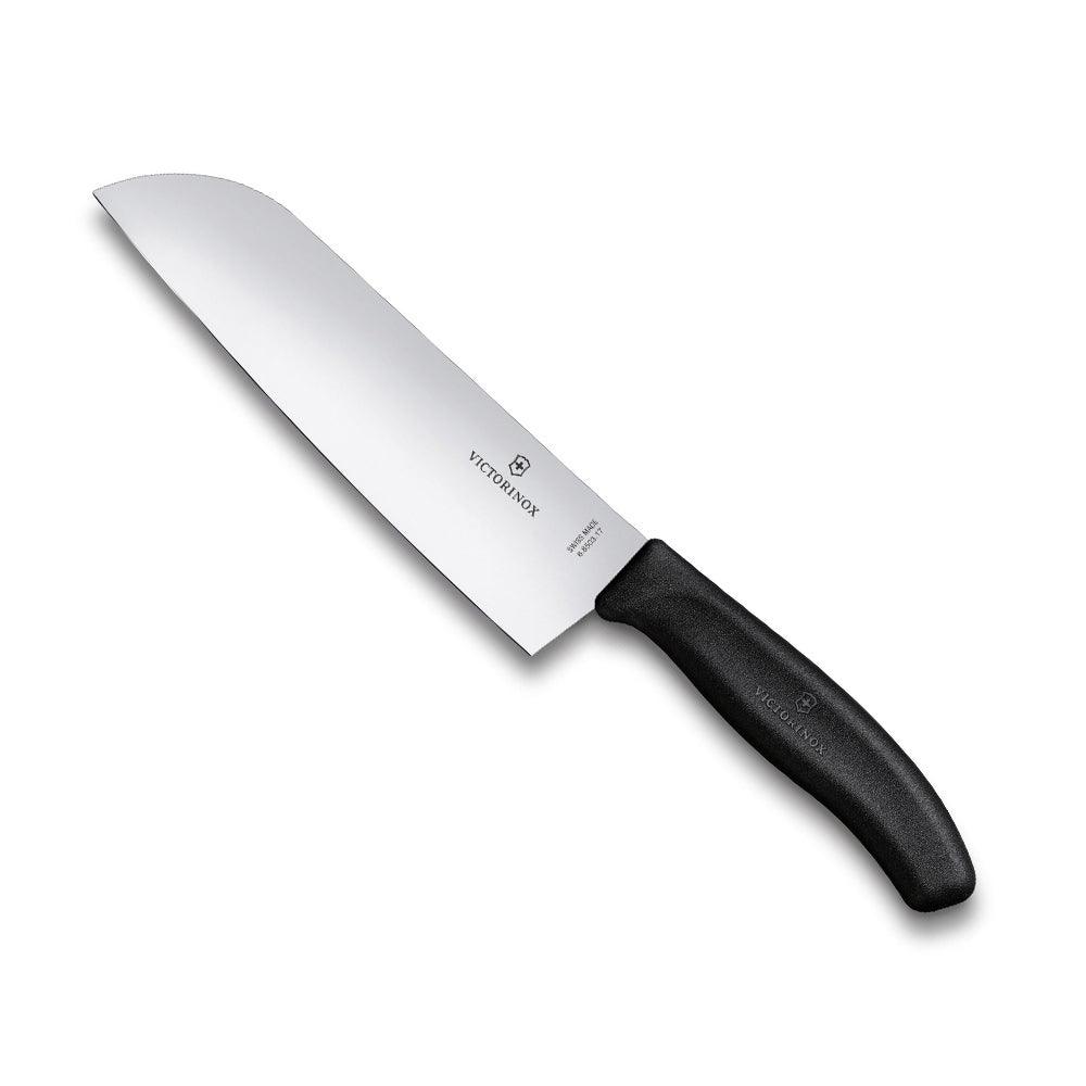 Swiss Classic Santoku Knife, 17cm with a broad stainless steel blade and curved black ergonomic handle