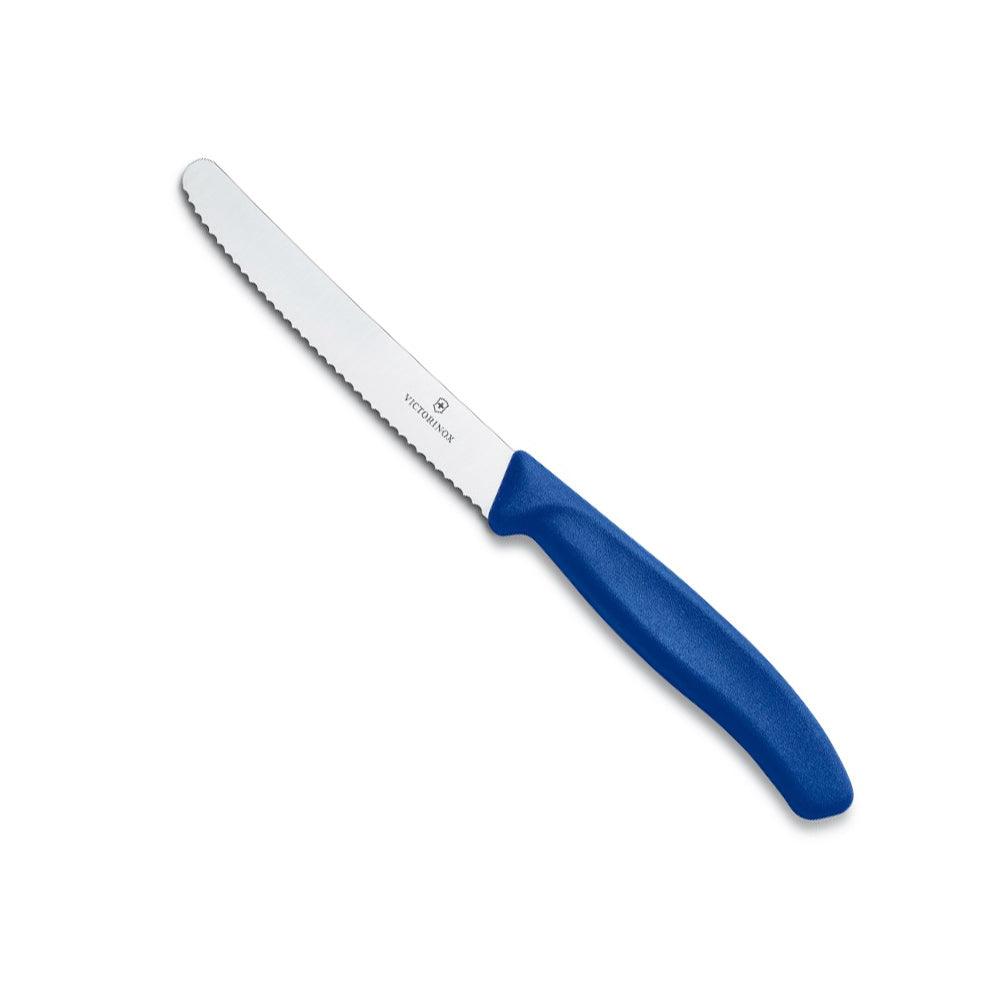 Table Knife - Victorinox - 11cm with a serrated stainless steel blade and ergonomic solid blue handle