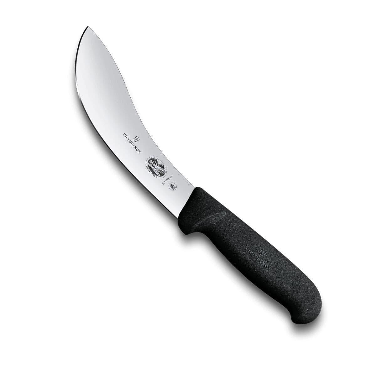Victorinox 15cm American-Type Skinning Knife with a curved, wide silver stainless steel blade and black textured handle