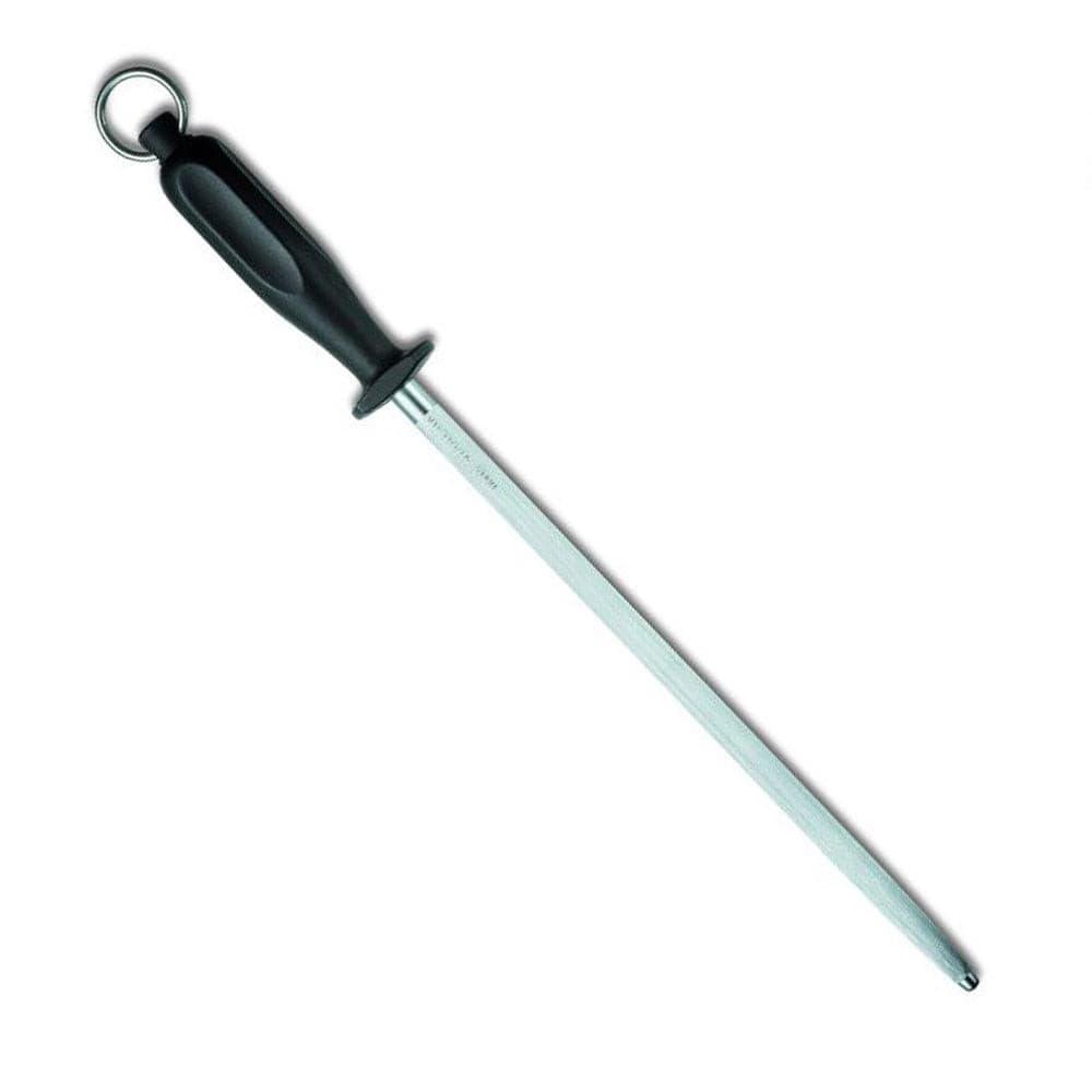 Victorinox 30cm Butchers Round Fine Sharpening Steel with a long silver steel rod, black plastic handle and hanging ring.