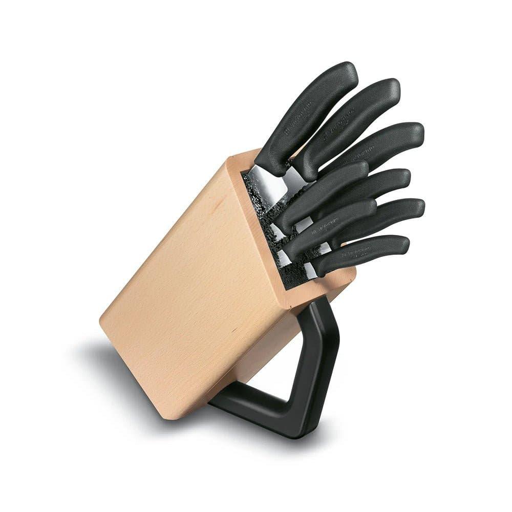 Victorinox Beechwood Cutlery Block - 8 Piece - Black with a pale wood block, black handle and eight black-handled knives