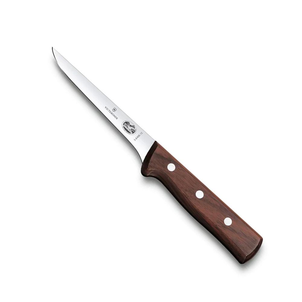 Victorinox Boning Knife, 12cm Narrow Blade, Rosewood Handle with a slim polished steel blade and dark brown wooden handle