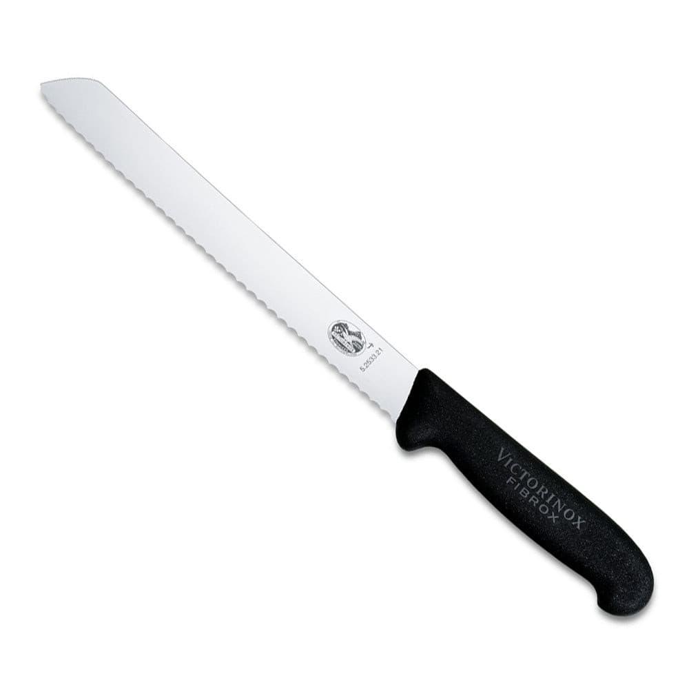 Victorinox Bread Knife - 21cm, Black Fibrox Handle with a long silver serrated blade and ergonomic black handle