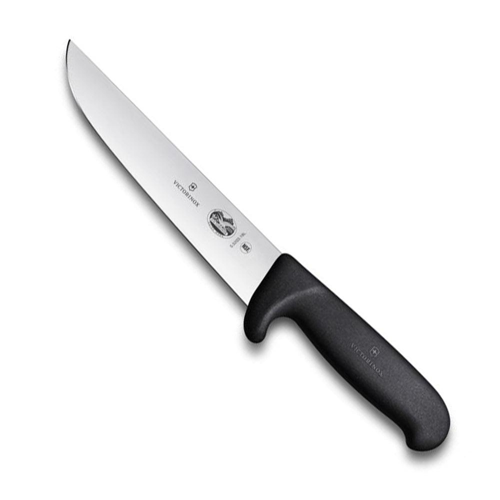 Victorinox Butcher Knife 18cm - Black Safe Grip Handle, stainless steel blade with curved tip and ergonomic black handle.