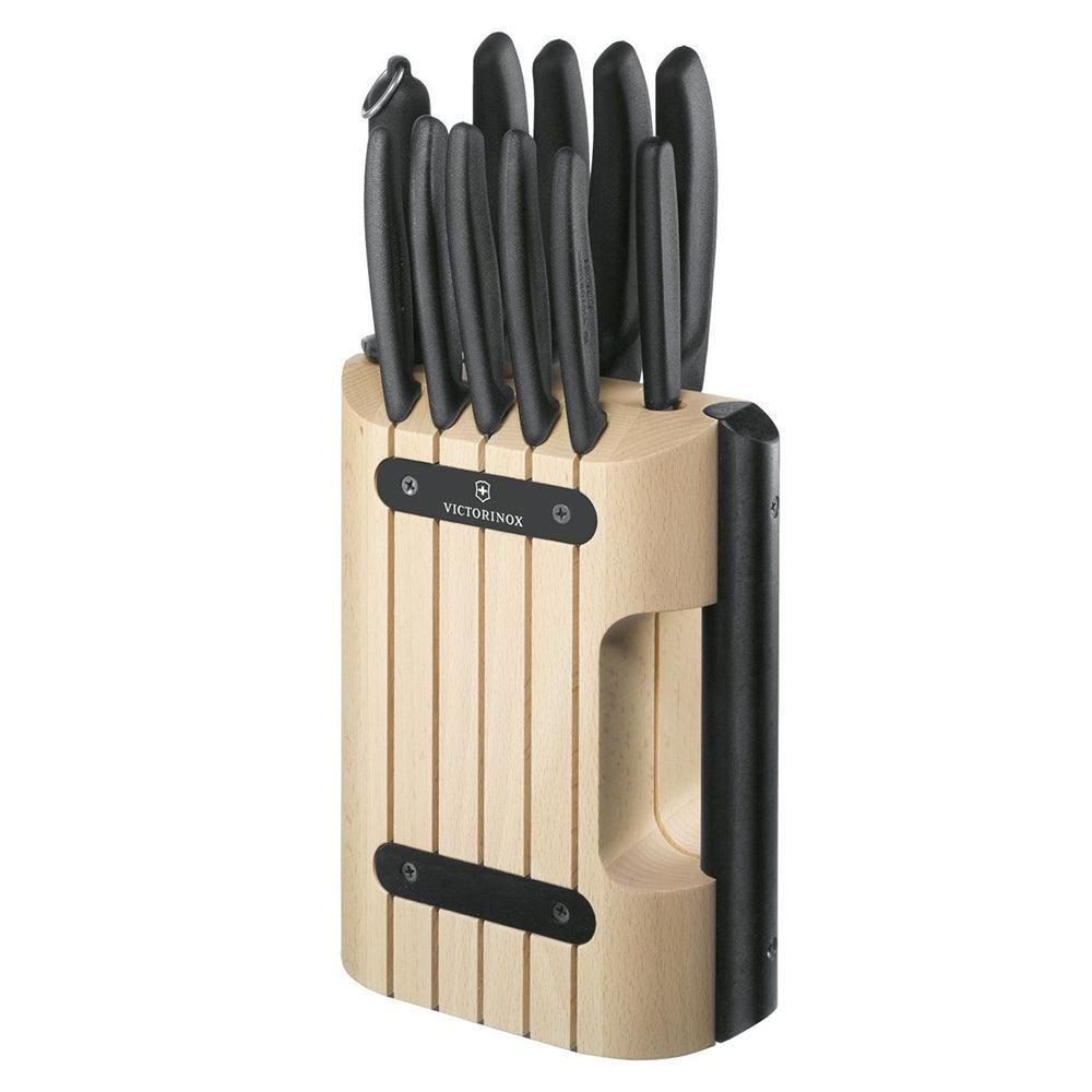 Victorinox Cutlery Block - 11 Piece Set - Black Handles with black knives and tools in a grooved beechwood block.