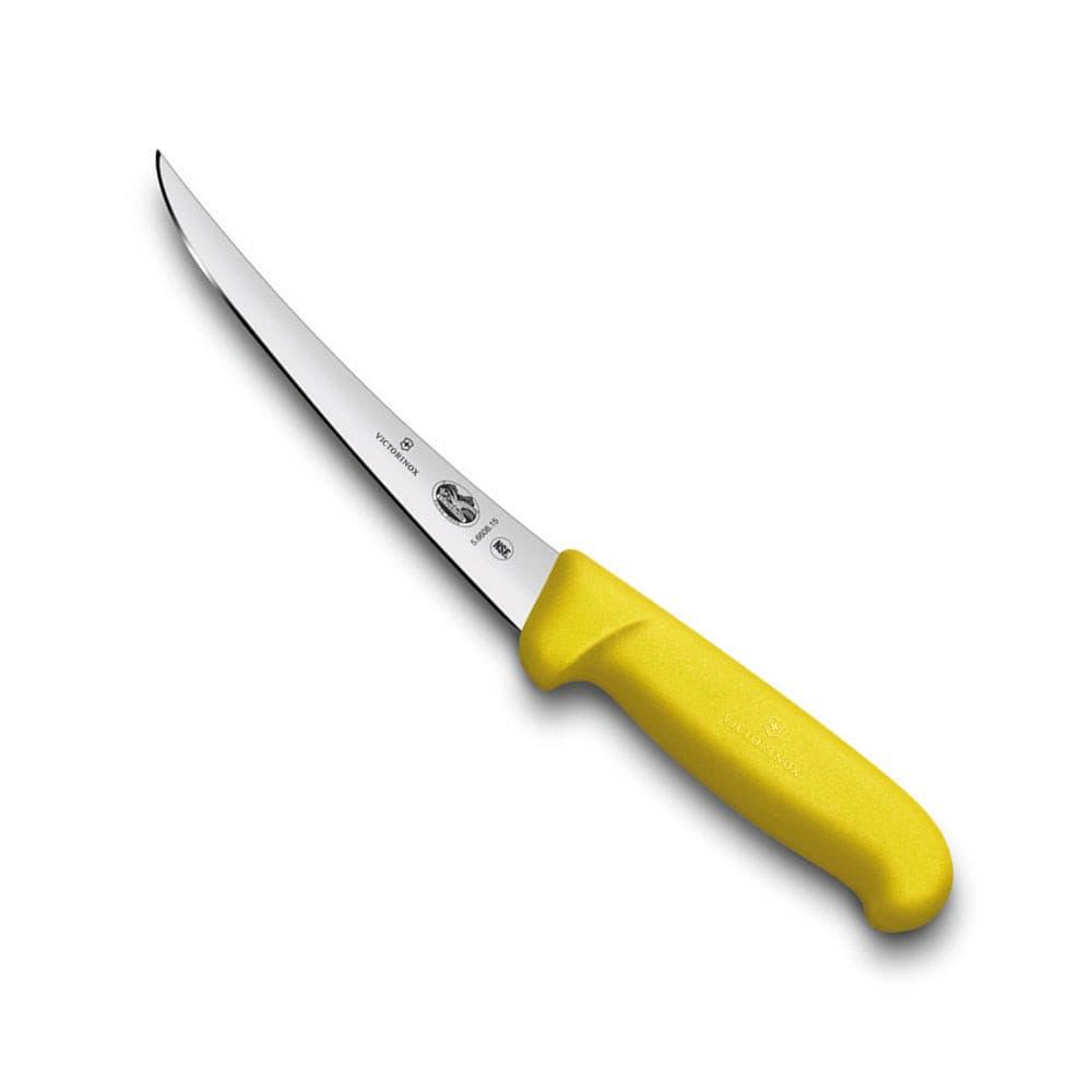 Victorinox Fibrox Boning Knife - 12cm - Curved, Narrow Blade with a stainless steel blade and bright yellow ergonomic handle.