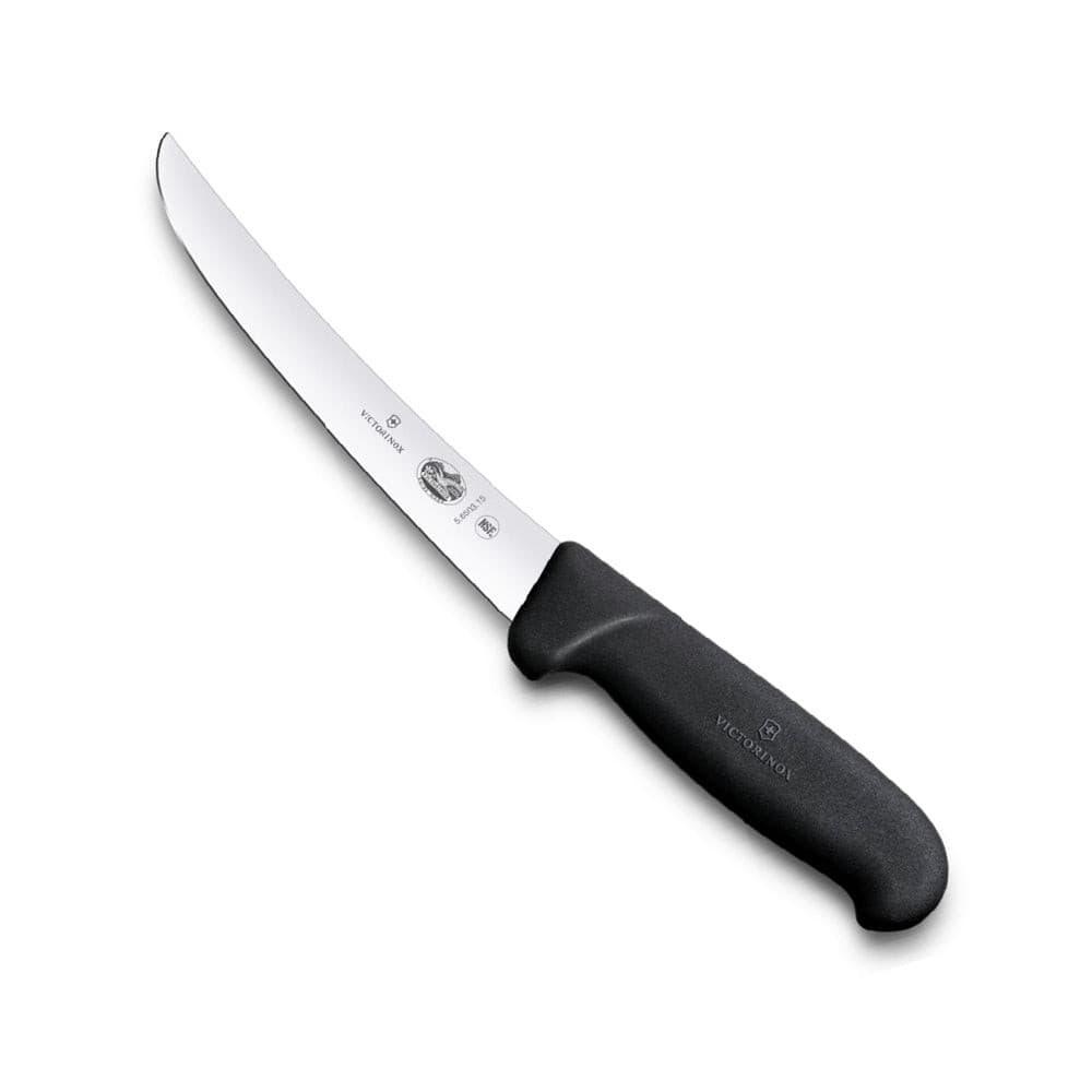 Victorinox Fibrox Boning Knife - 15cm Curved Wide Blade with a polished stainless steel curved blade and black textured handle