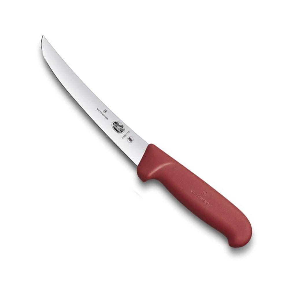 Boning knife, Victorinox Fibrox Boning Knife - 15cm Curved Wide Blade, with a silver curved blade and red handle.