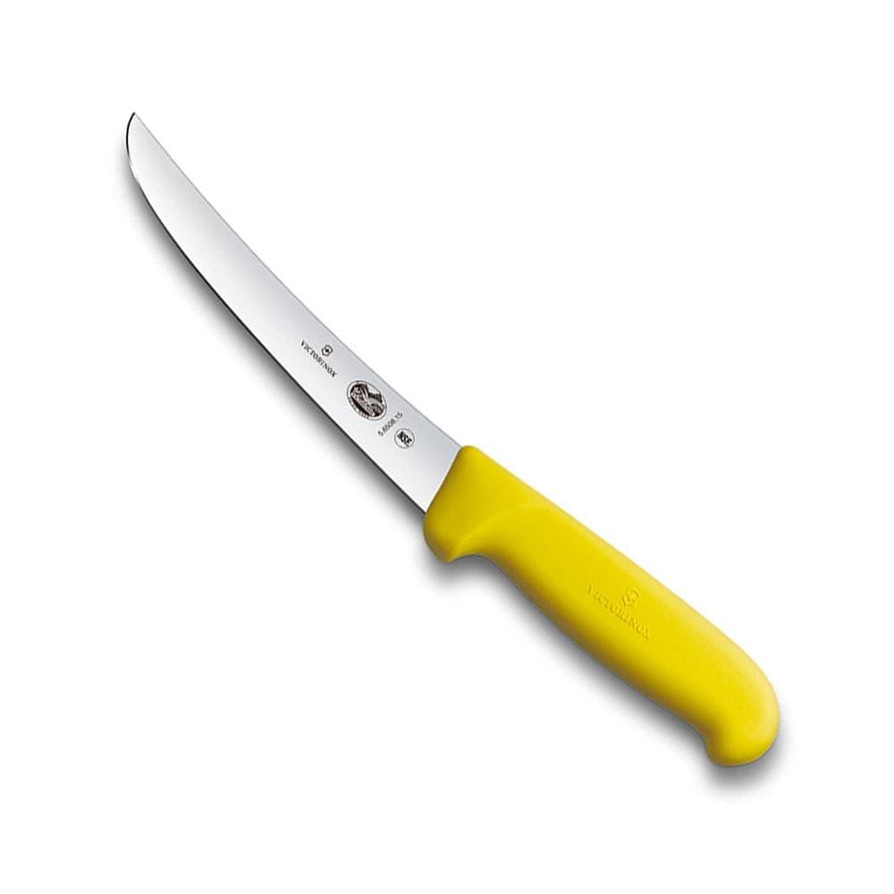 Victorinox Fibrox Boning Knife - 15cm Curved Wide Blade with a curved silver steel blade and bright yellow handle