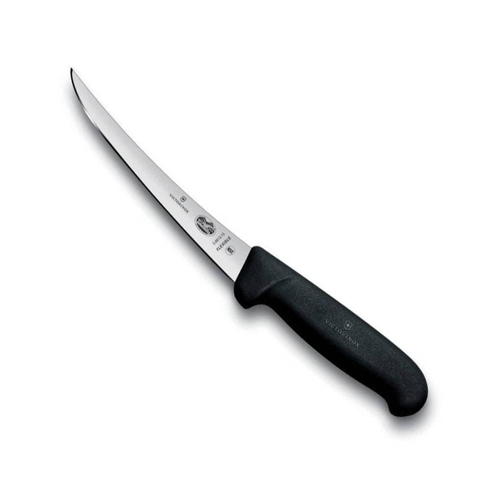 Boning knife with a curved silver blade and textured black handle, Victorinox Fibrox Boning Knife - 15cm - Flexible Blade, Black Handle