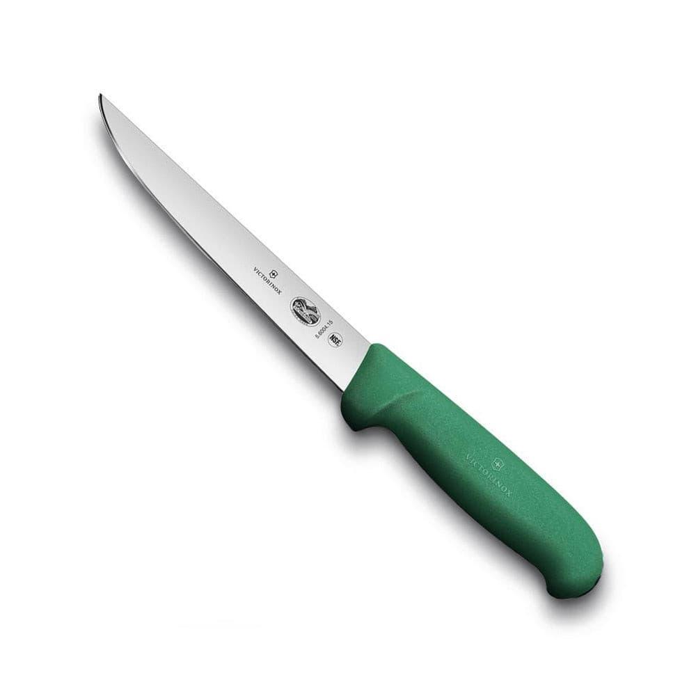 Victorinox Fibrox Boning Knife - 15cm with a long, narrow silver stainless steel blade and solid green handle