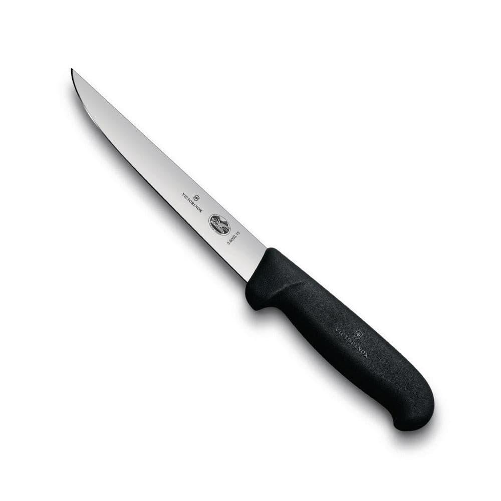 Victorinox Fibrox Boning Knife - 15cm with a straight silver blade and textured black non-slip handle