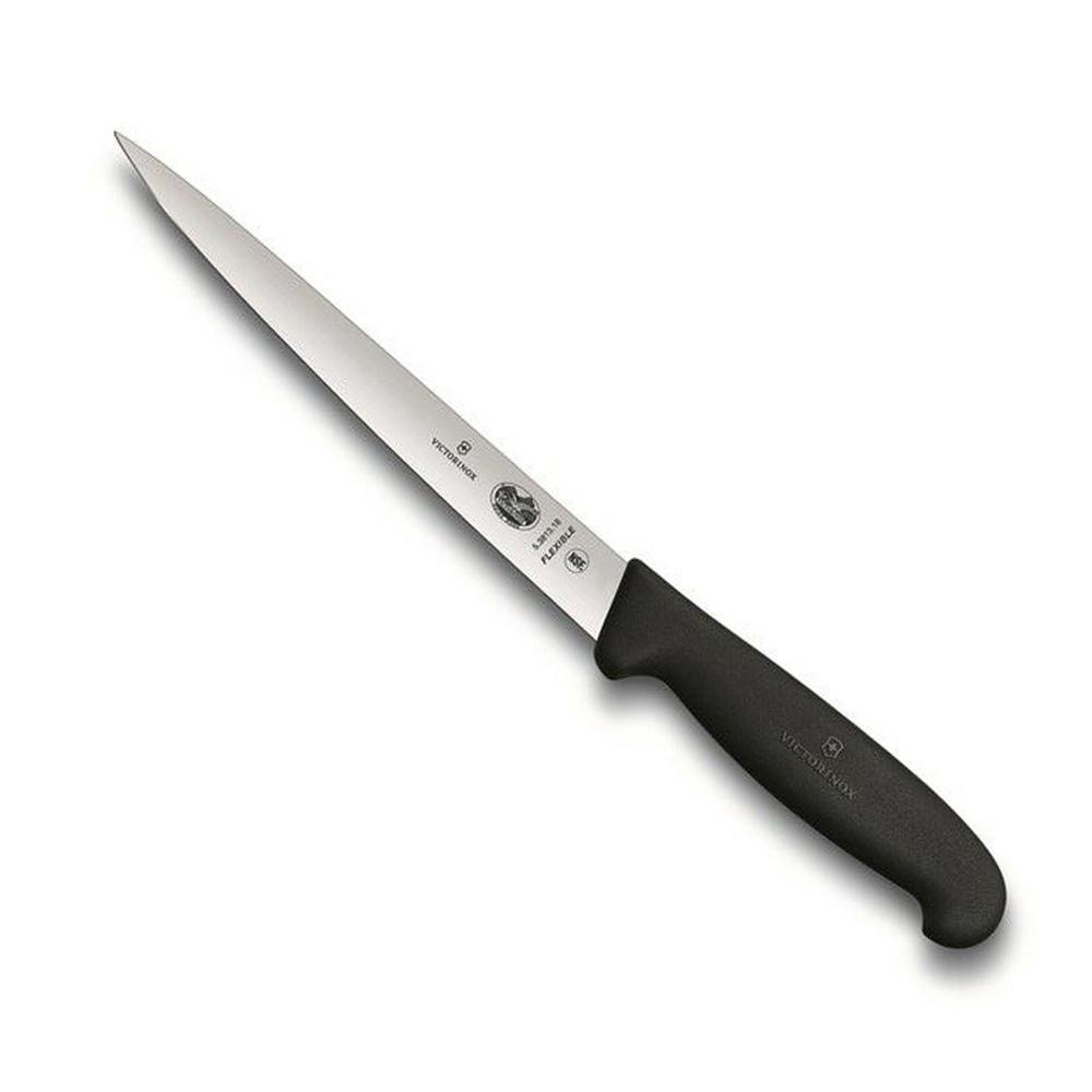 Filleting knife, Victorinox Filleting Knife - 18cm, Black Handle - Extra Flexible Blade, with a long silver blade and black handle.