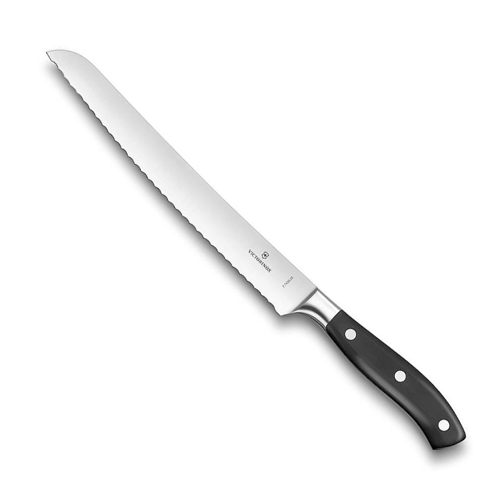 Serrated bread knife with a long silver forged blade and black handle with three rivets, Victorinox Grand Maitre Forged Bread Knife - Black Handle