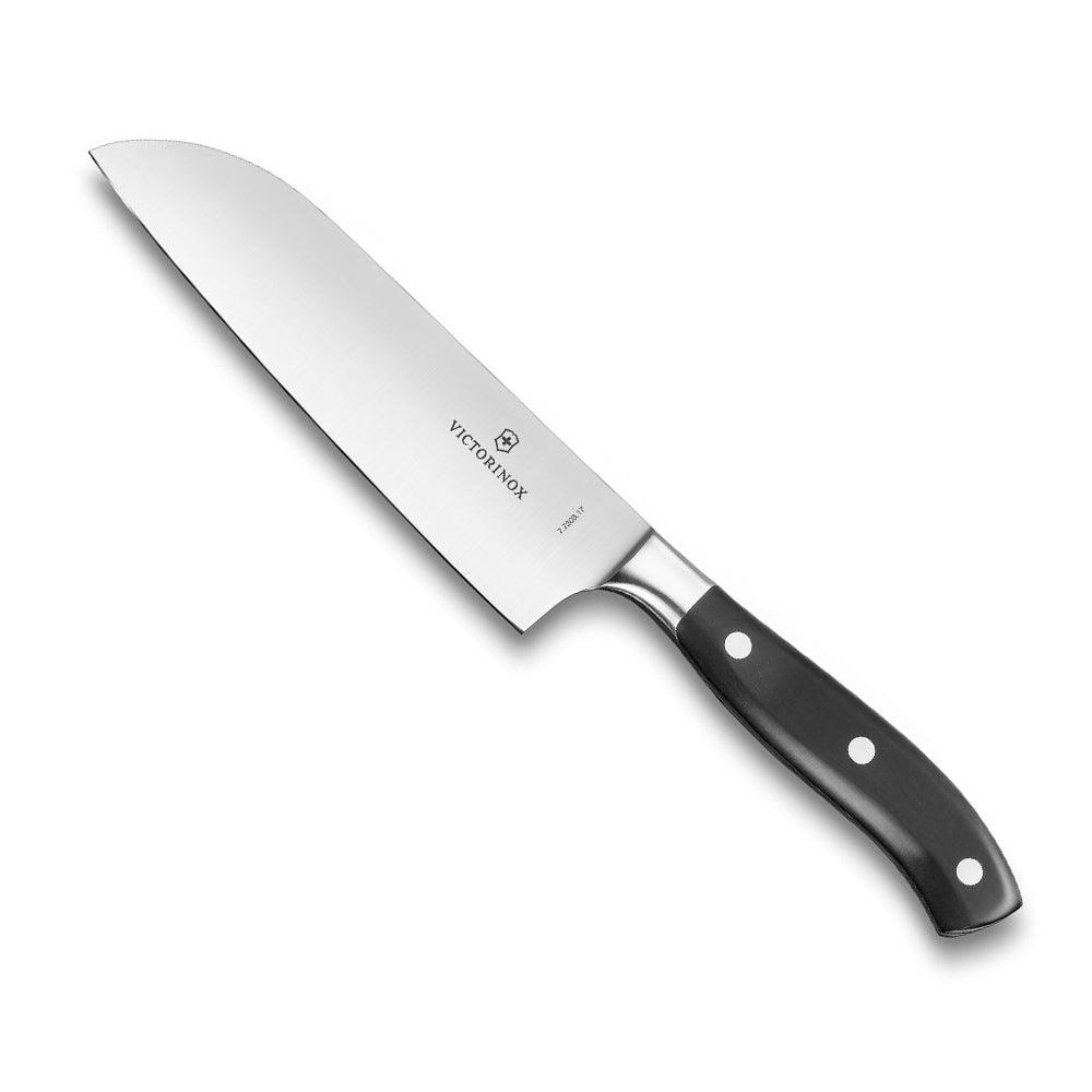 Victorinox Grand Maître Santoku Forged Knife - Black Handle, polished stainless steel blade with a curved black handle and three rivets.