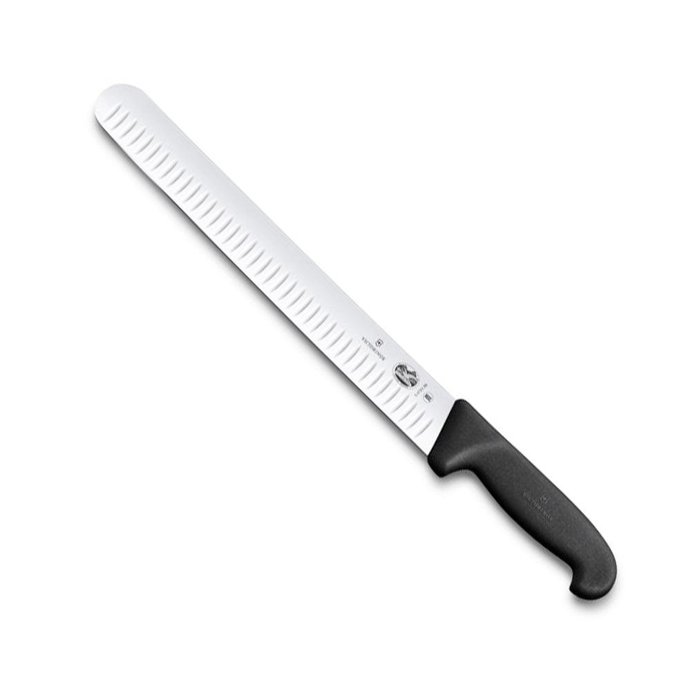 Victorinox Ham & Salmon Slicing Knife, Fluted Edge, 36cm, with a long silver fluted steel blade and black ergonomic handle.