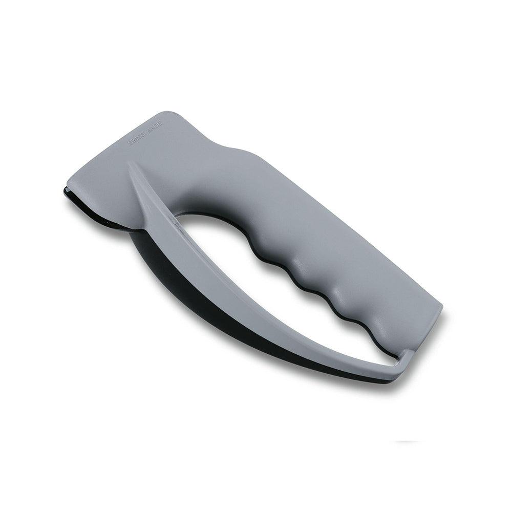 Victorinox Knife Sharpener - grey plastic V-type sharpener with a black sharpening edge and ergonomic finger-grooved handle.